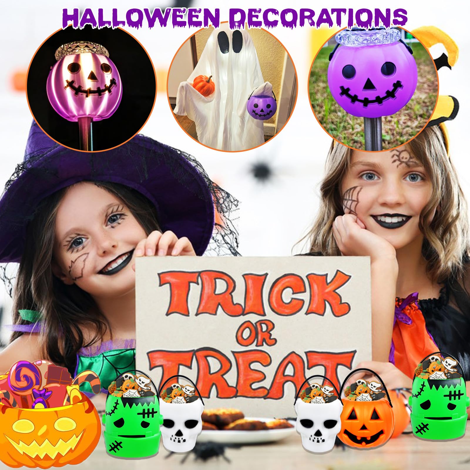 14 PCS Mini Halloween Candy Holder Set - Portable Pumpkin Ghost Cauldron Bucket with Candy Bags & Black Wire Ties | Halloween Party Supplies for Kids | Perfect for Trick or Treat, Classroom Parties & Neighborhood Halloween Events
