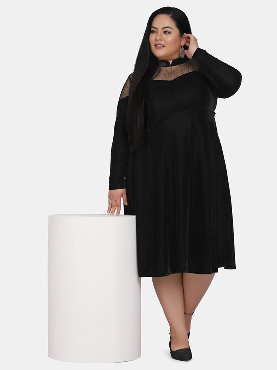 Elegant Black Velvet Illusion Neck Party Dress for Women - Perfect for Evening Events, Cocktail Parties & Special Occasions