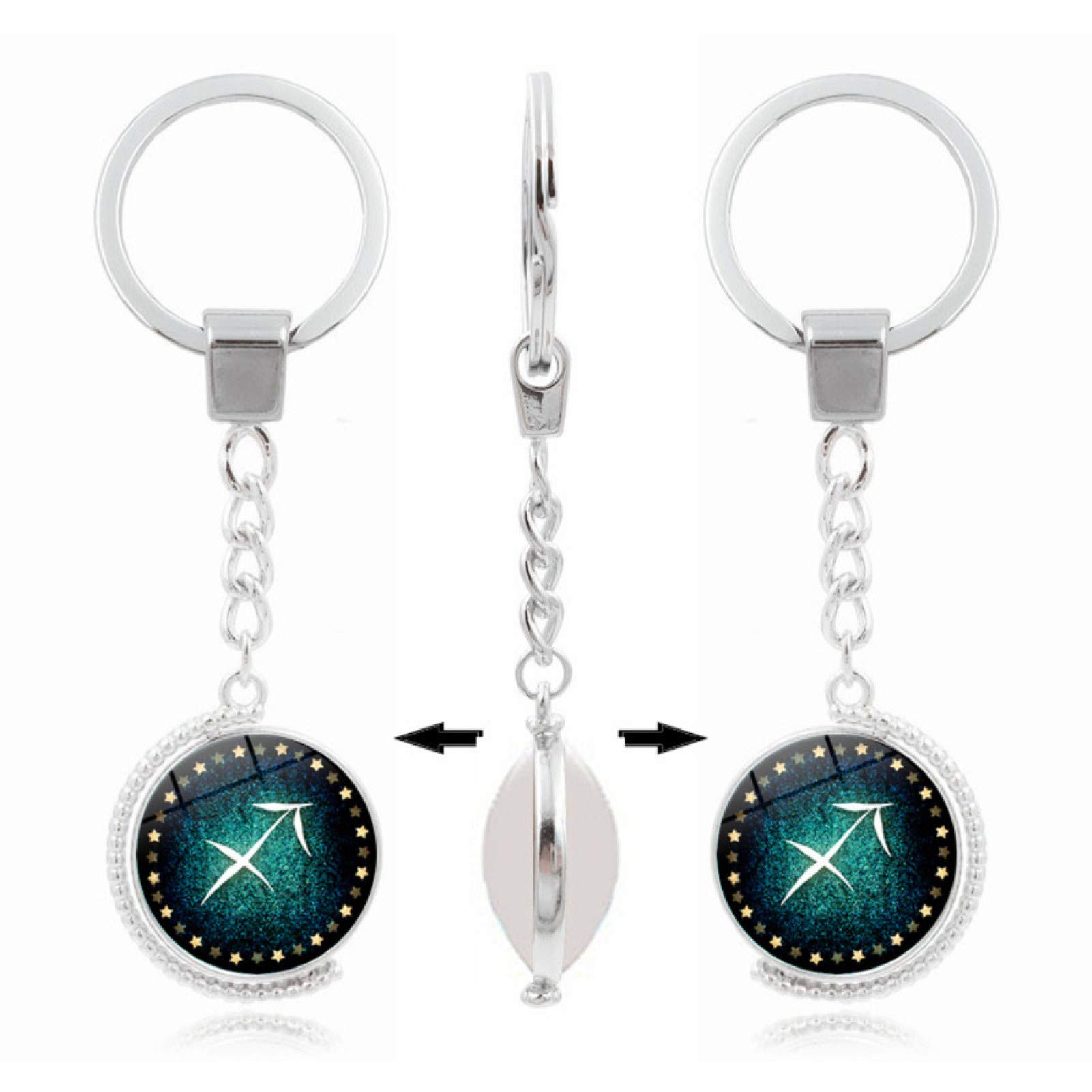 12 Constellations Double-Sided Rotatable Glass Cabochon Pendant Keychain - Zodiac Key Ring for Women & Men - Perfect for Car Keys, Gifts, and Daily Accessories