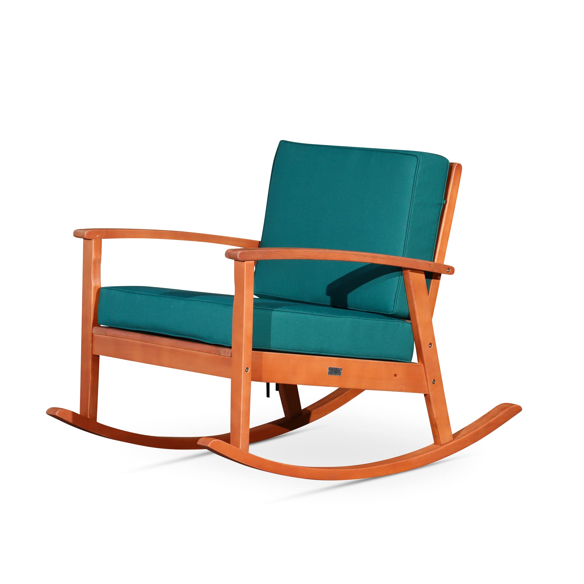 DTY Outdoor Living Longs Peak Deep Seat Eucalyptus Rocker - Natural Oil Finish with Dark Green Cushions | Patio, Garden, Porch Rocking Chair for Relaxation