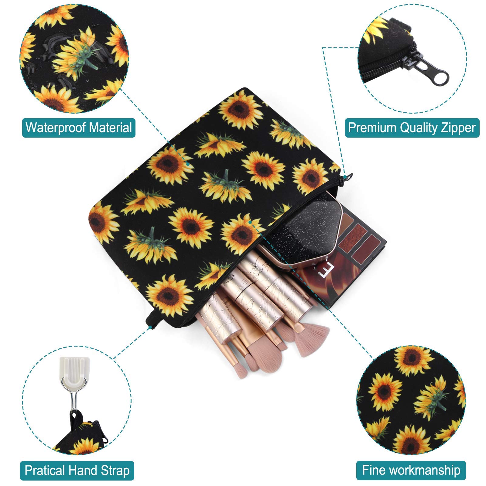 Waterproof Sunflower Makeup Bag for Women - Portable Travel Cosmetic Pouch with Black Zipper, Multifunctional Small Organizer (1 Pack) | Perfect for Travel, Gym & Daily Essentials Storage