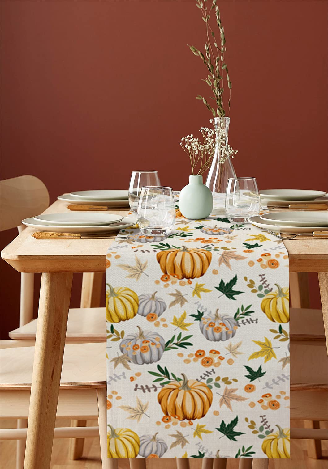 72 Inch Cotton Linen Table Runner - Thanksgiving & Fall Farmhouse Decor for Dining Table, Coffee Table, Dresser | Rustic Burlap with Pumpkin & Maple Leaf Design | Perfect for Wedding, Party & Home Decoration