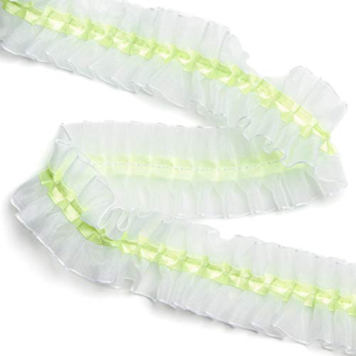 Factory Direct Craft Center Ruffled Apple Green Ribbon on White Organza Lace Trim - 2 Pieces | Perfect for DIY Wedding Decorations, Gift Wrapping & Scrapbooking
