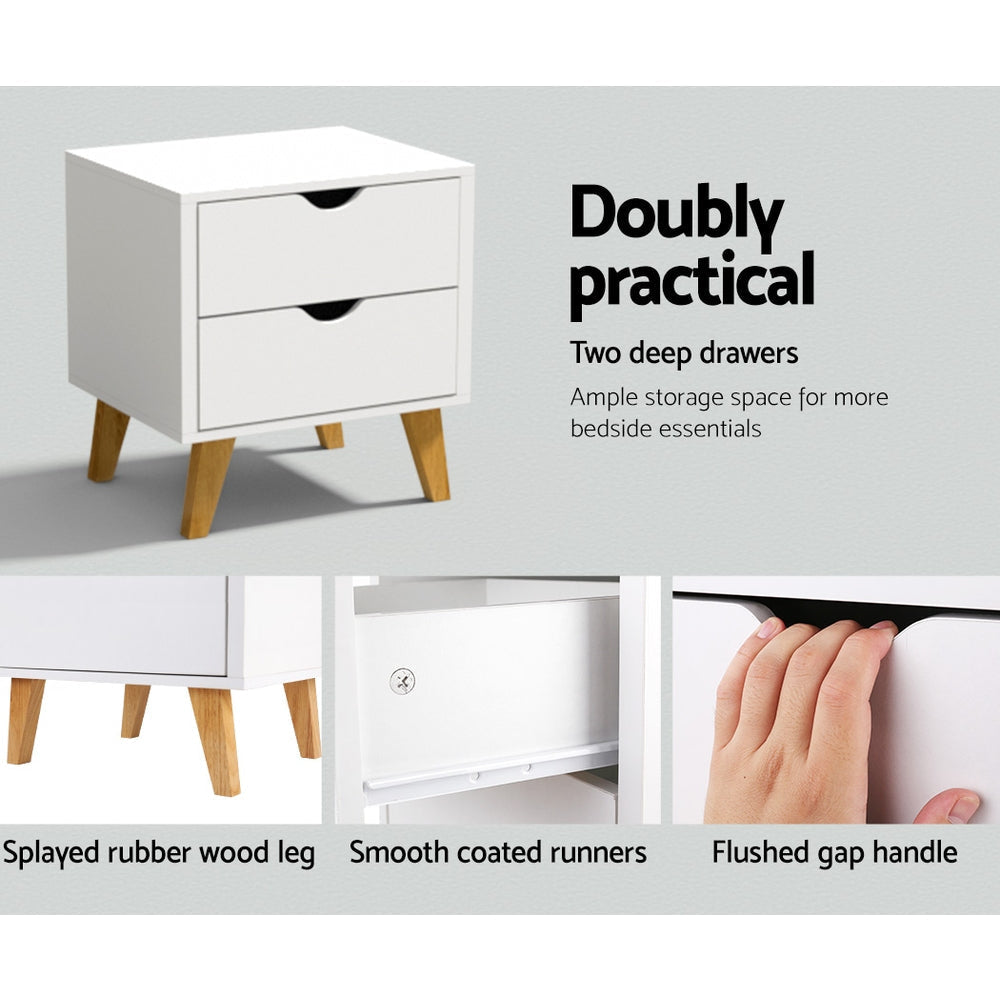 2 Drawer White Wooden Bedside Tables - Nightstand for Bedroom, Living Room, or Office - Stylish and Functional Storage Solution