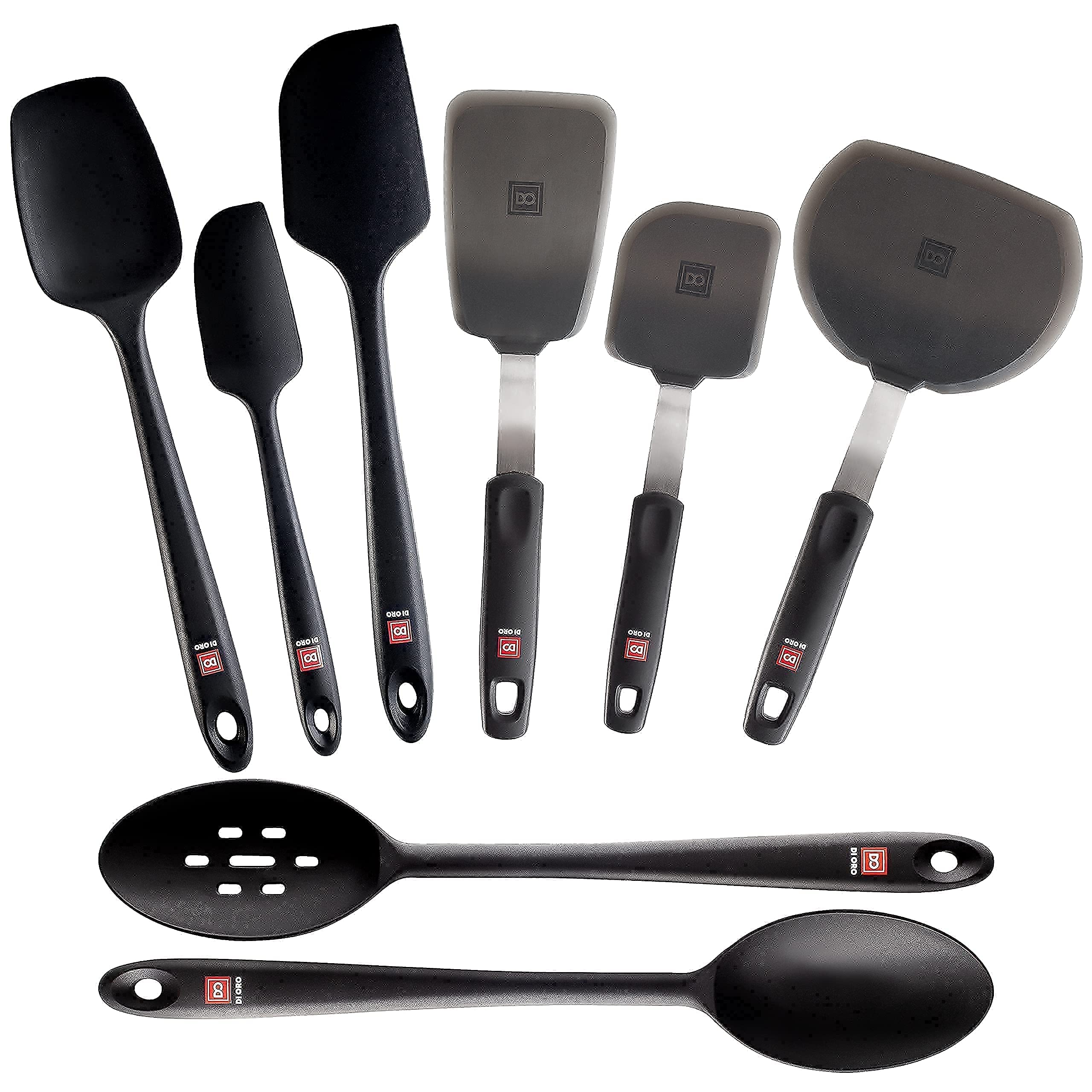 DI ORO 8-Piece Silicone Kitchen Utensil Set - Heat-Resistant up to 600°F - Non-Slip Spatula, Spoon & Spoonula for Cooking & Baking - Dishwasher Safe, Flexible & Durable Black Kitchen Tools - Perfect for Flipping Pancakes, Stirring Sauces & Baking Cookies