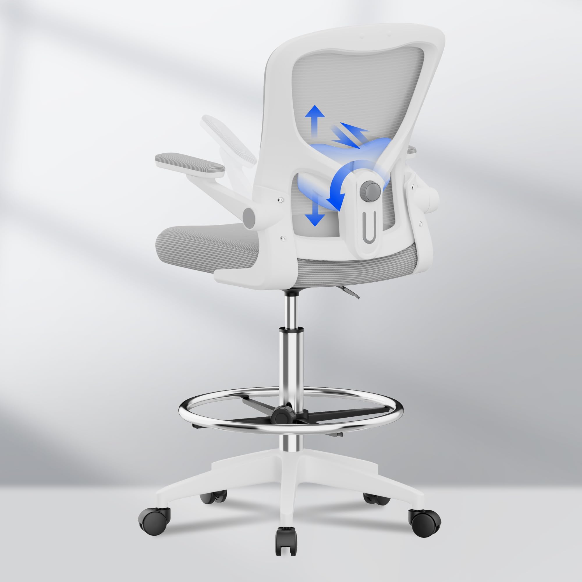 FLEXISPOT Ergonomic Drafting Chair - Adjustable Height Office Chair with 2D Lumbar Support, 3D Flip-Up Armrests, Breathable Mesh Back & Foot Ring - BIFMA Certified for Home Office, Artists, Musicians - Ideal for Standing Desks, Drawing, Guitar Playing, Studio Work & Long Work Sessions (White)