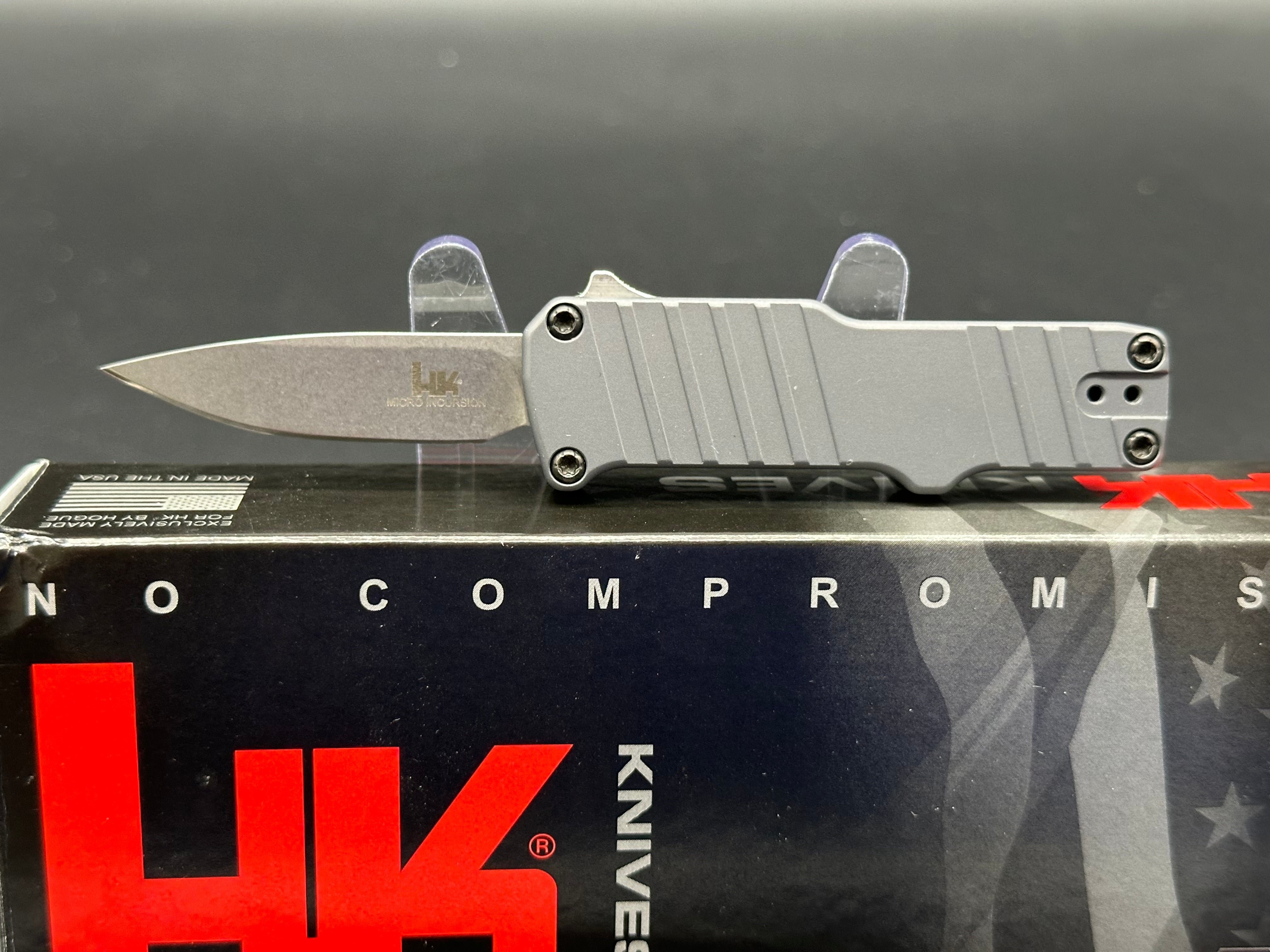 Hogue Micro Incursion D/E OTF Automatic Knife - Gray Aluminum Handle, Double Edge Tactical Knife for Outdoor, Camping & EDC Use