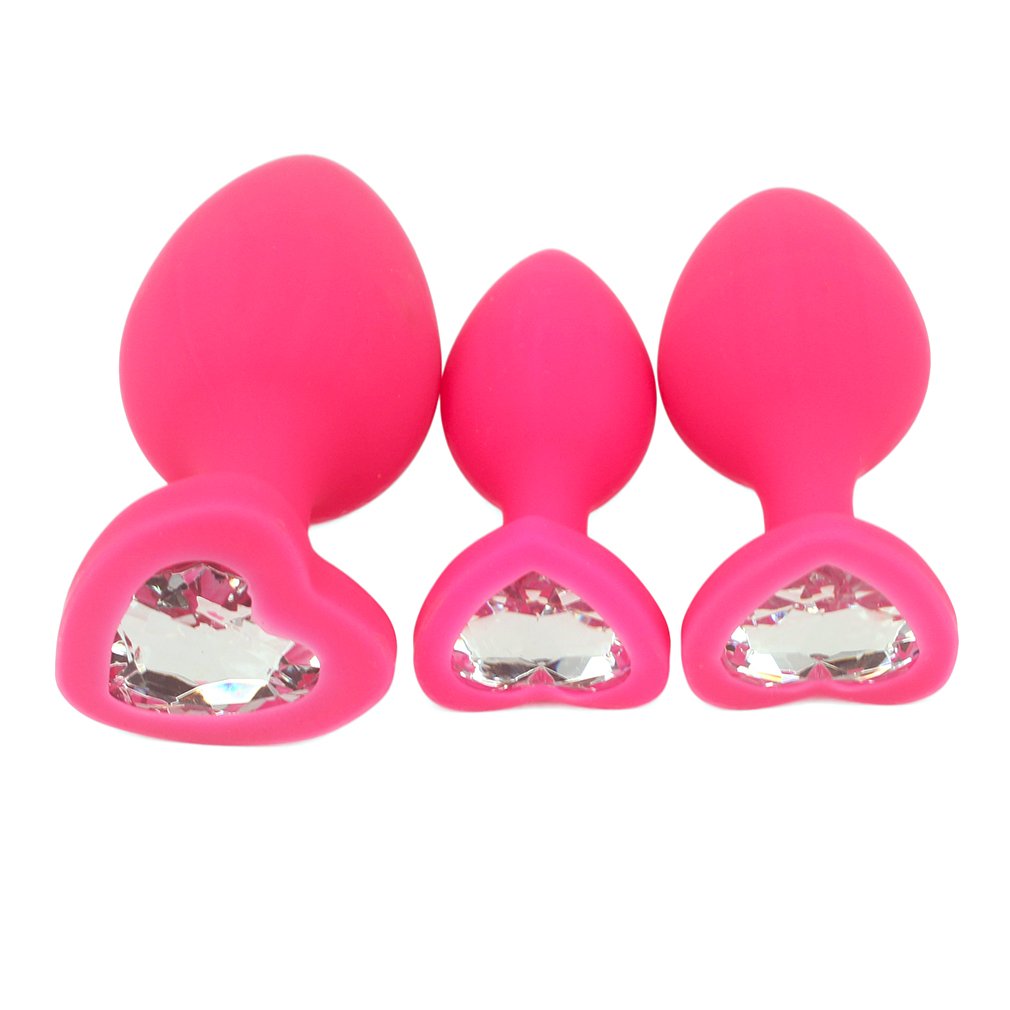 3PCS Anal Sex Trainer Kit - Heart Shaped Silicone Jeweled Butt Plugs for Beginners (Pink) | Comfortable & Safe Anal Play for Couples & Solo Use | Perfect for BDSM, Foreplay & Adult Intimacy