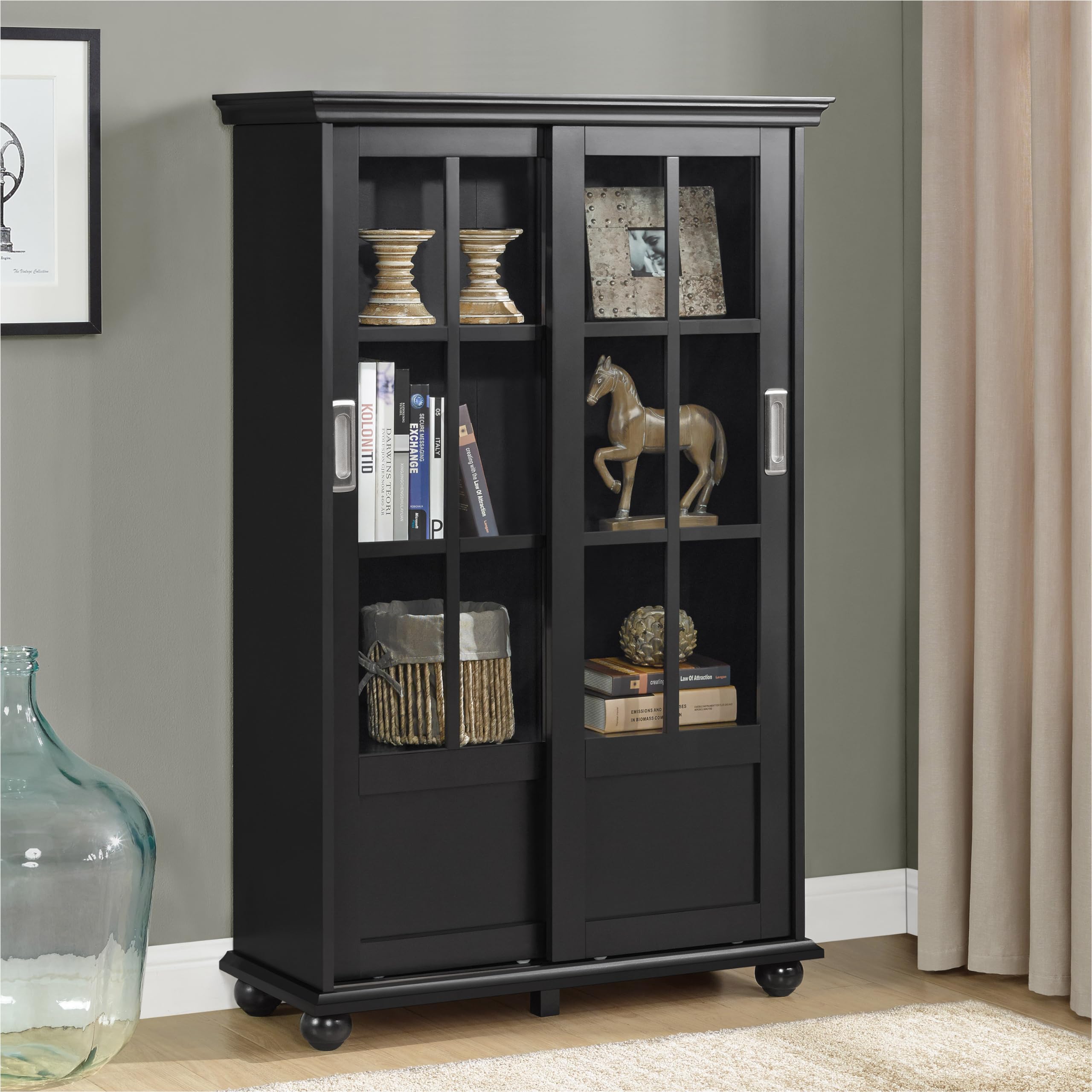 Ameriwood Home Aaron Lane Bookcase with Sliding Glass Doors - Black Wooden Bookshelf for Living Room, Office & Bedroom Storage Organization