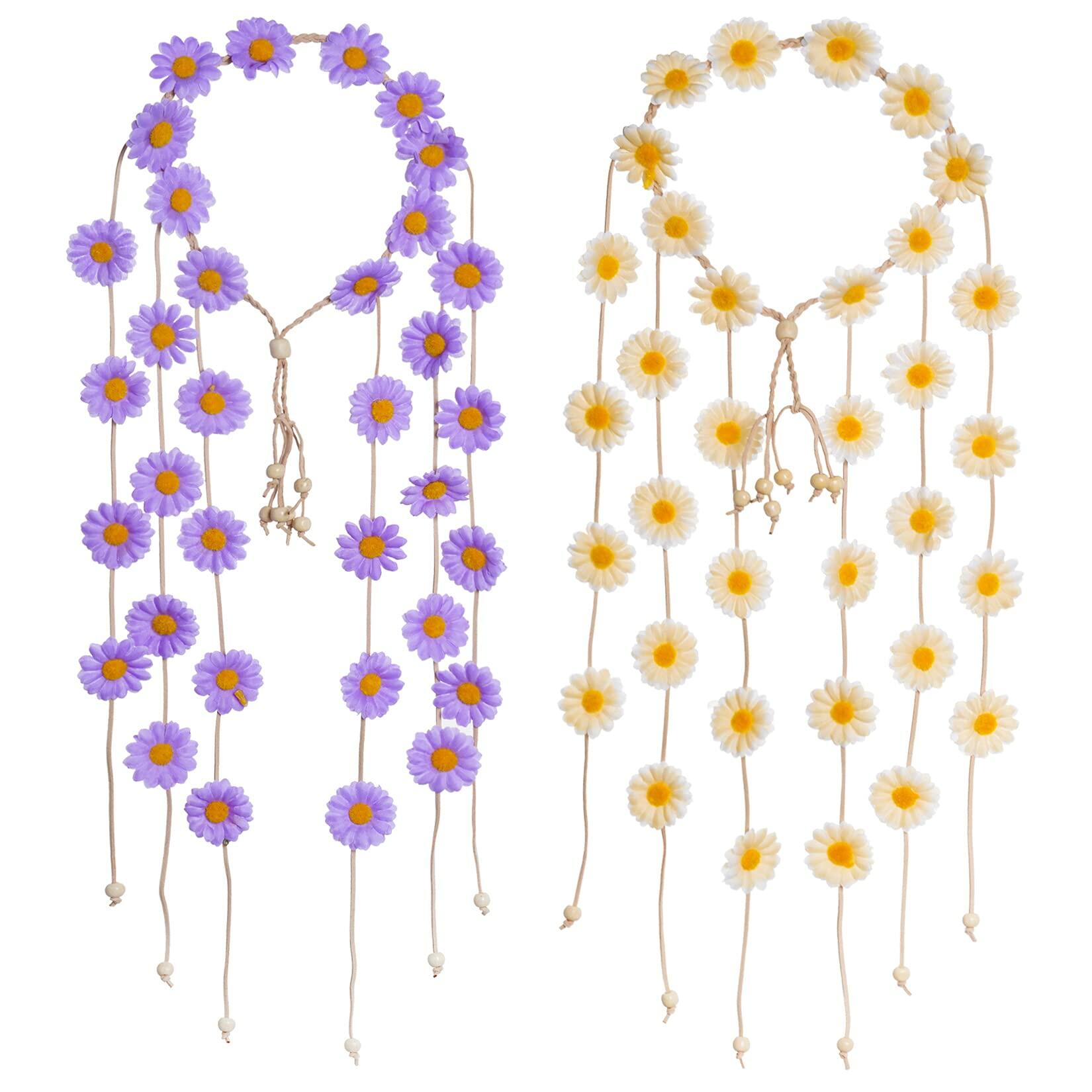 2pcs Bohemian Flower Headbands - Floral Crown Hair Accessories with Sunflowers in Beige & Purple for Festivals, Weddings, and Summer Outfits