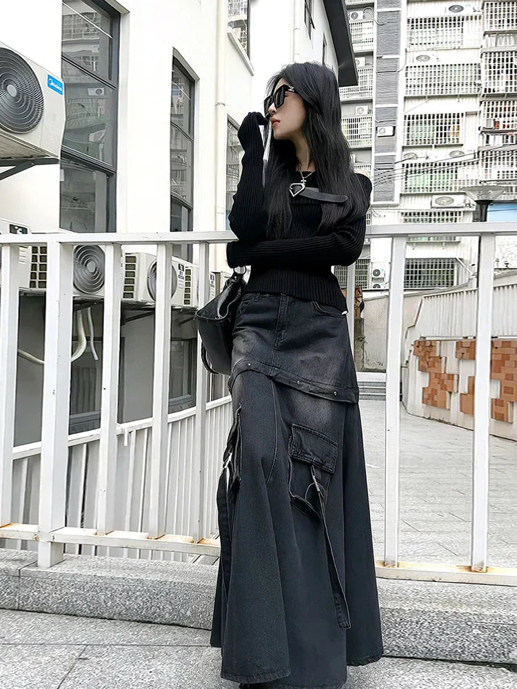 Vintage Black Denim Skirt for Women - High Waist A-Line Style with Pockets | Office Wear & Gothic Fashion | Perfect for Autumn Winter Seasons & Casual Outings