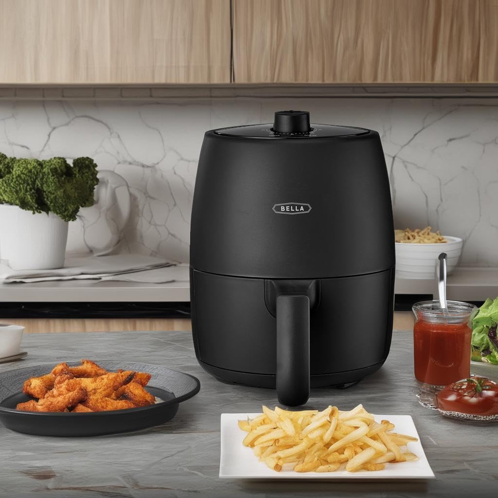 BELLA 2 Quart Manual Air Fryer Oven - 5-in-1 Multicooker with Nonstick Dishwasher Safe Basket & Crisping Tray | 1200W Powerful Heating System | Matte Black | Perfect for Healthy Cooking, Meal Prep & Small Kitchens