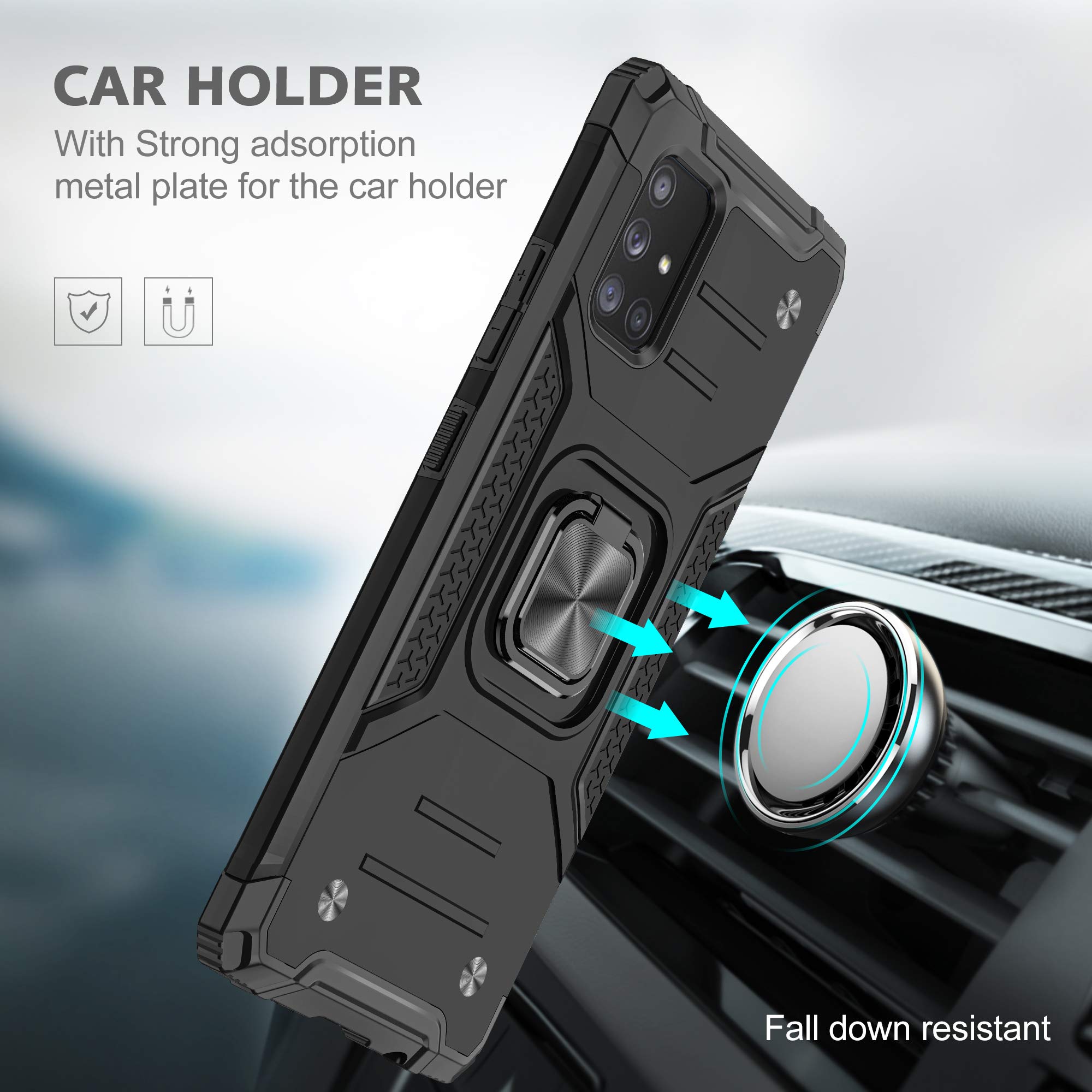 Samsung Galaxy A71 5G Case with Tempered Glass Screen Protector - Military Grade Protective Phone Cover with Magnetic Car Mount & Kickstand (Black) - Perfect for Work, Travel, and Outdoor Activities