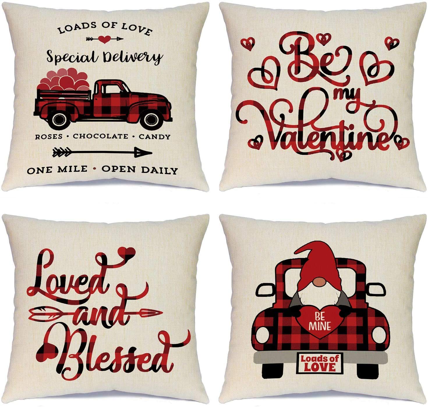 Ueerdand Valentine's Day Pillow Covers 20x20 Inch Set of 4 - Red Truck, Heart Tree & Love Themed Throw Pillow Cases for Home Decor | Perfect for Couples Gifts, Living Room Sofa & Bedroom Decoration