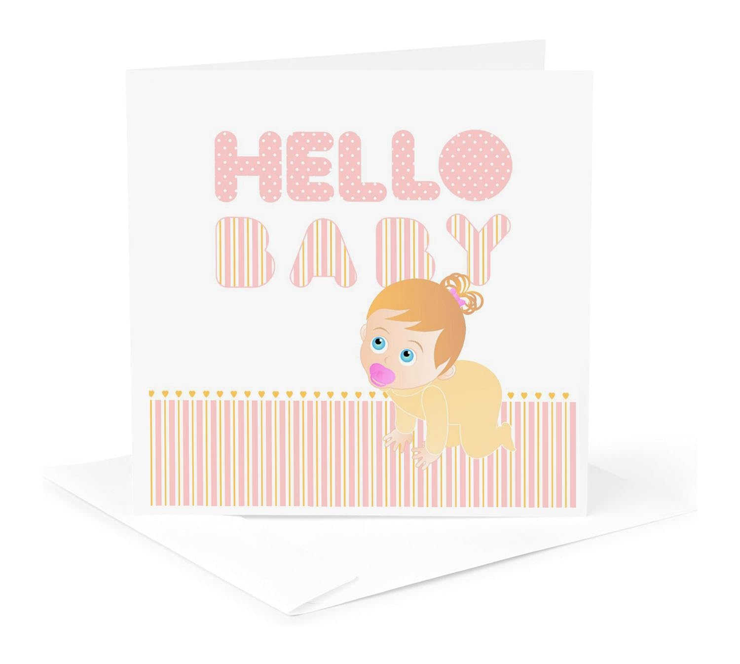 Baby Girl Greeting Card - Pink & Yellow Striped Polkadot Design with 'Hello Baby' Message - Perfect for Newborn Gifts, Baby Showers & Welcome Celebrations