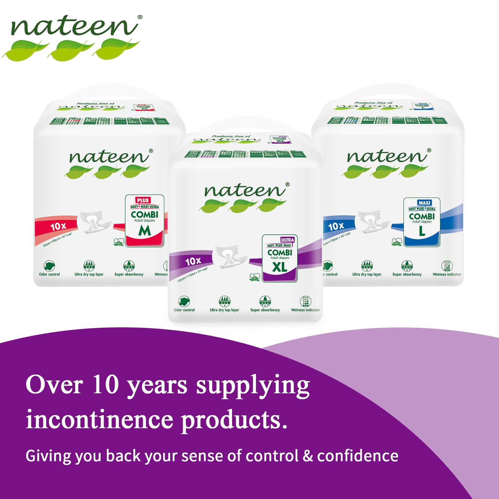 Nateen Combi Ultra Adult Diapers - Unisex Disposable Incontinence Briefs with Tabs for Men & Women - High Absorbency Overnight Protection - Medium Size 80 Count - Ideal for Home Care, Hospital Use and Travel