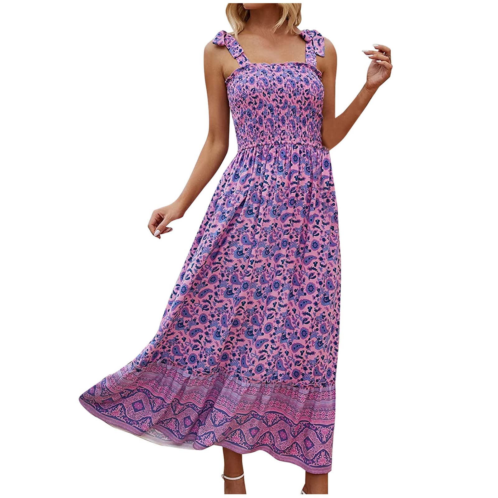 Women's Summer Floral Boho Sundress - Sleeveless A-Line Tiered Maxi Dress with Adjustable Straps | Perfect for Beach Vacations, Casual Outings & Boho Fashion