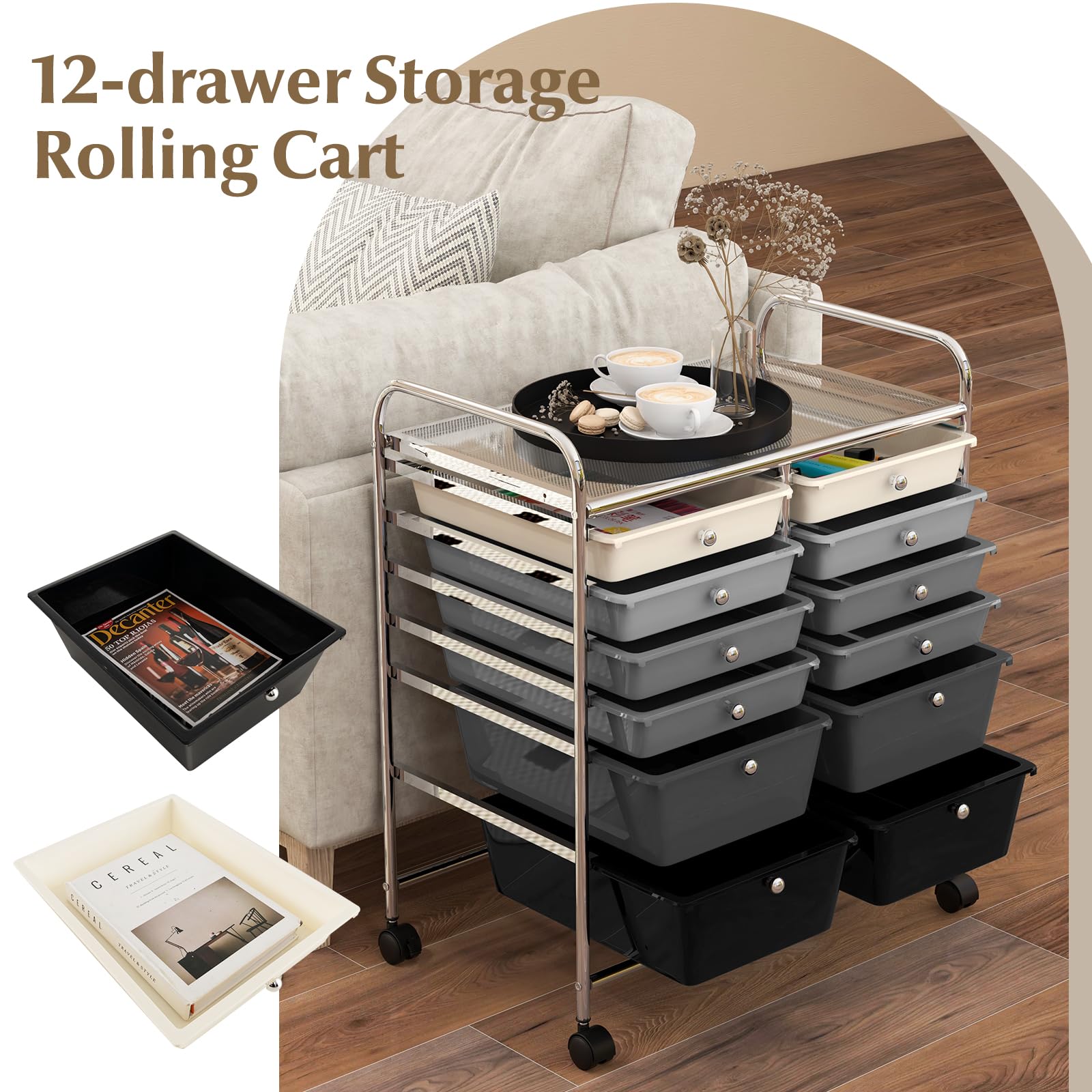 RELAX4LIFE 12-Drawer Rolling Craft Storage Cart with Wheels - Mobile Organizer for Art Supplies, Office, Beauty Salon & School Use - Space-Saving Gradient Black Utility Cart for Home, Studio & Classroom Organization