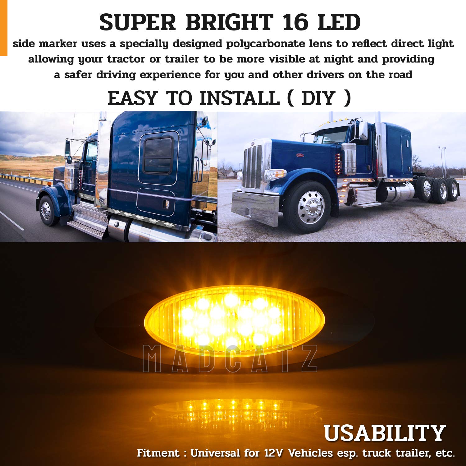 MADCATZ 6.5 Inch 16 LED Oval Cab Marker Lights - Clear Lens Amber Light with Chrome Bezel, 12V DC for Trucks & Trailers (Pack of 23) - Durable Side Marker Lights for Enhanced Night Visibility & Vehicle Safety