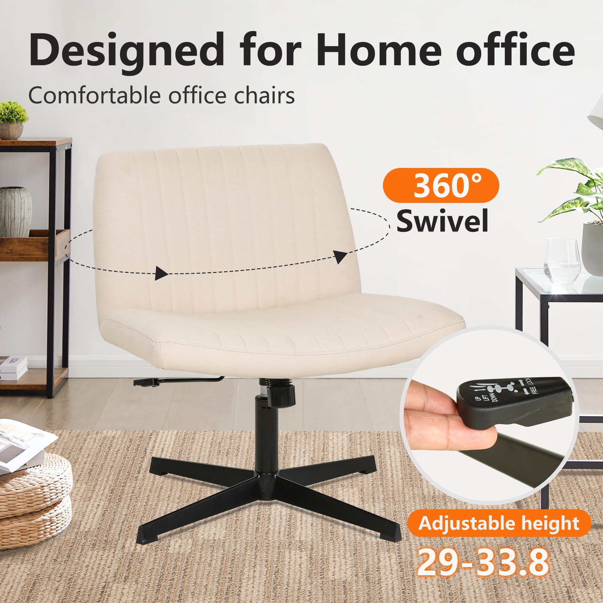 FDW Criss Cross Armless Office Chair - Adjustable Swivel Ergonomic Desk Chair with U-Shaped Backrest & Wide Seat, No Wheels, Cross-Legged Design - Perfect for Home Office, Computer Work, and Vanity Tasks