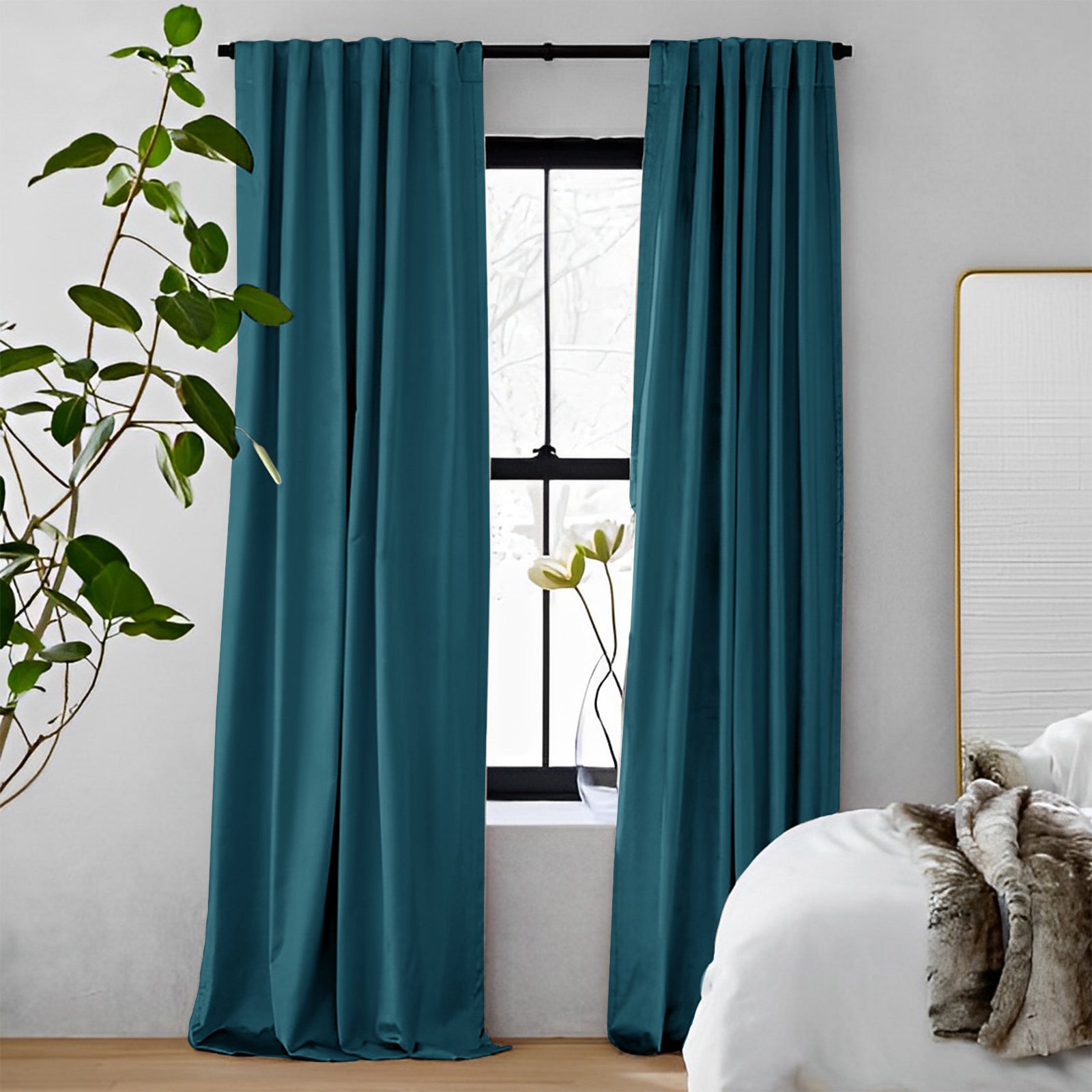 Luxury French Blue & Black Velvet Blackout Curtains - Heavyweight Thermal Insulated Drapes with Soft Top Back Tab for Bedroom & Living Room