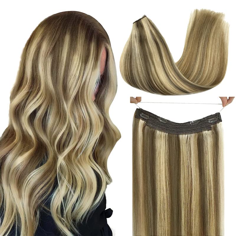 GOO GOO 18 Inch Real Human Hair Extensions - 95g Medium Brown with Golden Blonde Highlights, Straight Remy Hair with Invisible Line | Perfect for Daily Wear, Parties & Special Occasions