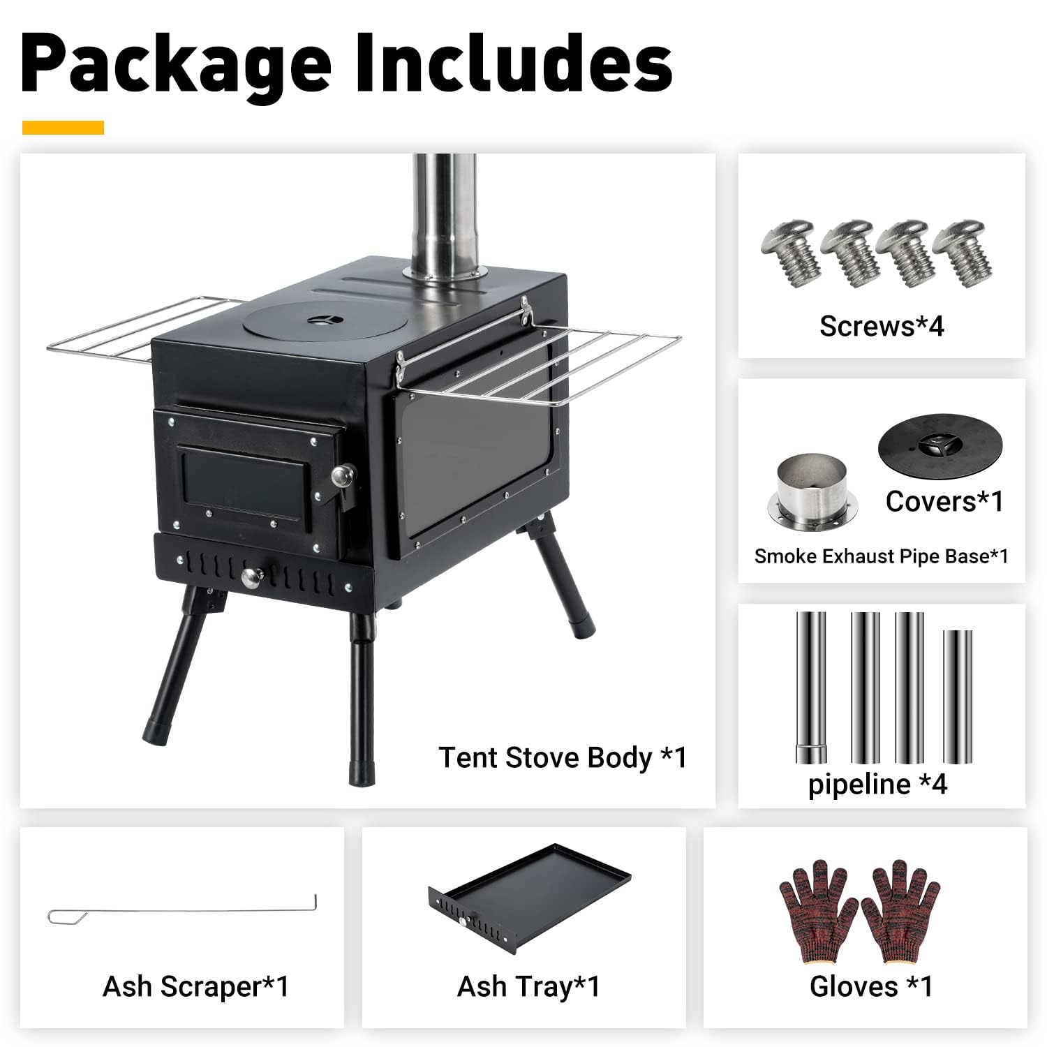 Portable Wood Burning Camping Stove with Chimney Pipe - Outdoor Cooking & Heating Stove for Tents, Shelters, Backpacking & Survival Gear | Perfect for Camping Trips, Emergency Preparedness & Outdoor Adventures