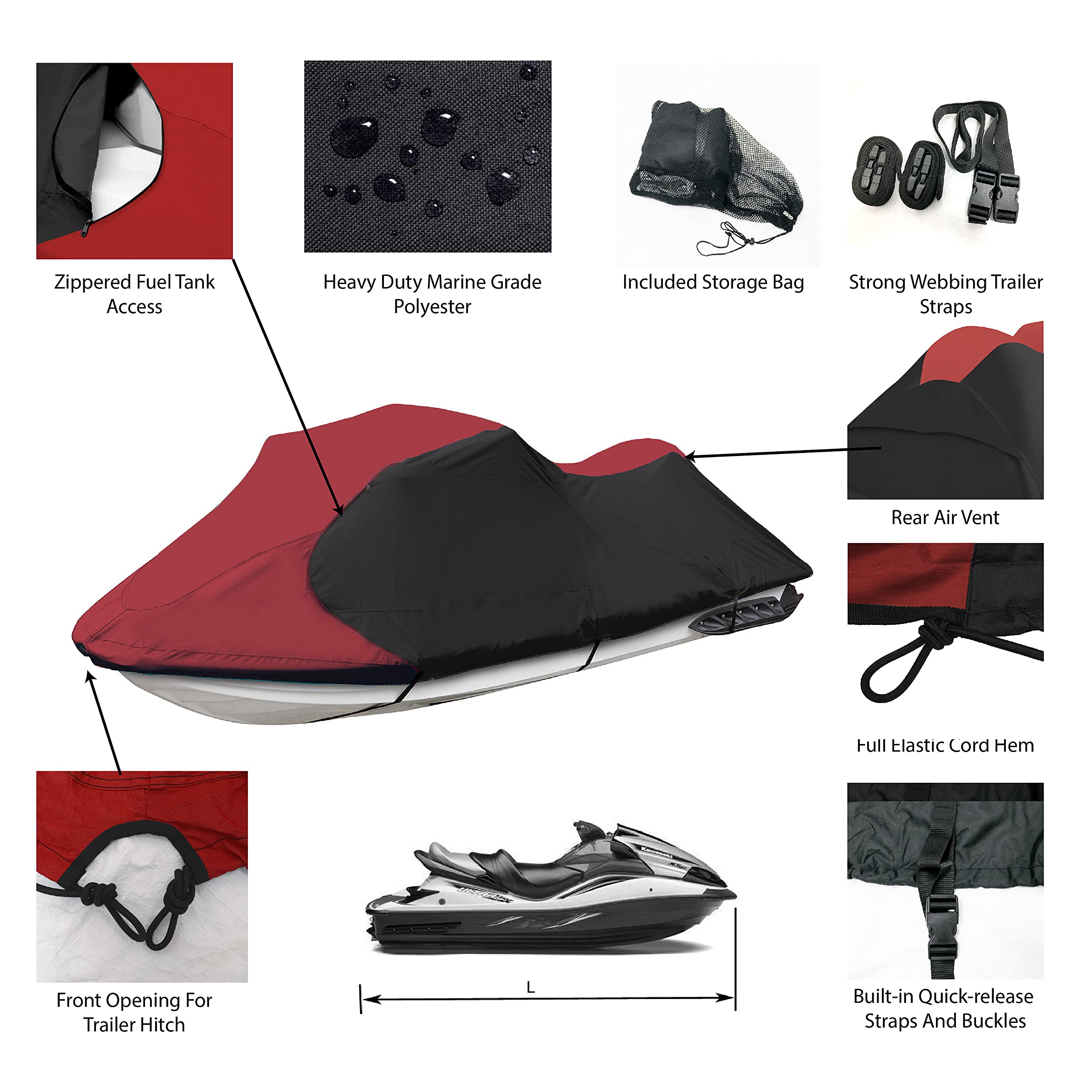 Waterproof 600D Heavy Duty Polyester Jet Ski Cover - Trailerable PWC Cover for 116