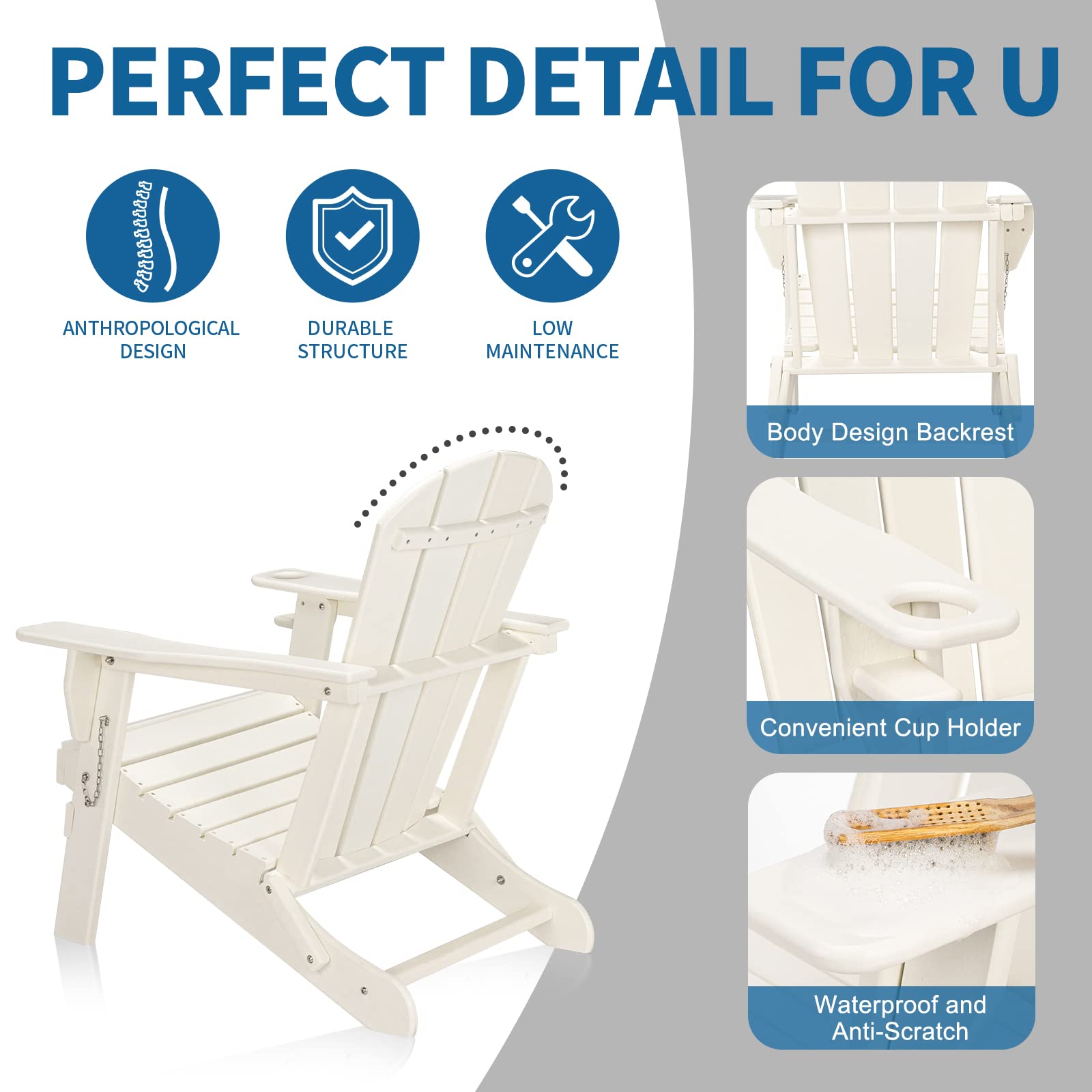 VINGLI 2-Piece Plastic Adirondack Chair Set with Folding Table - Outdoor Patio Furniture with Cup Holders, Waterproof HDPE Material, 380lb Weight Capacity - Perfect for Poolside, Garden, Backyard, and Firepit Relaxation (White)