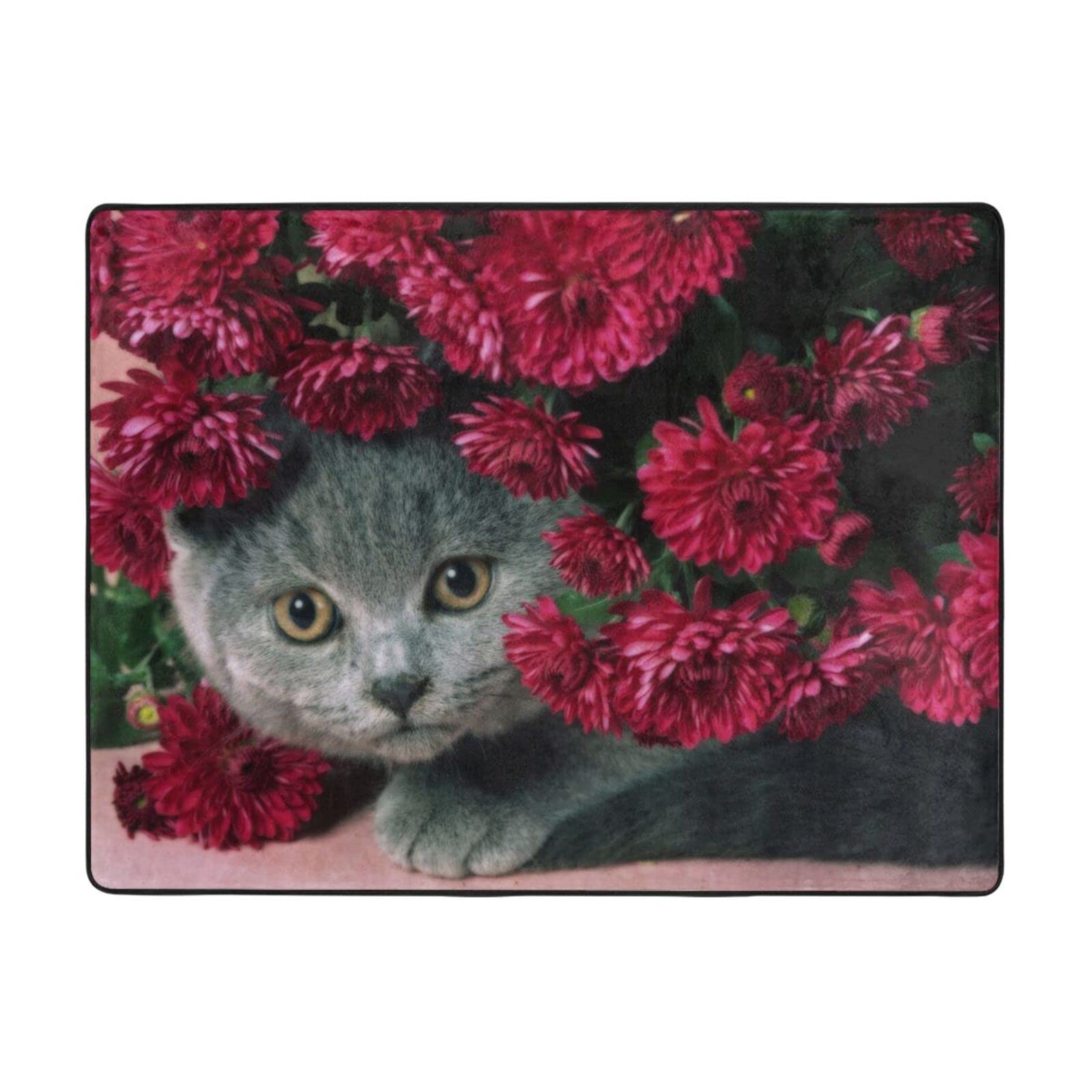 Floral Cat Area Rug - Non-Slip Indoor Outdoor Carpet for Living Room, Bedroom, Bath Mat & Doormat - Home Decor Floor Mat for Pet Lovers (One Size) | Perfect for Entryway, Kitchen, Nursery & Cozy Spaces