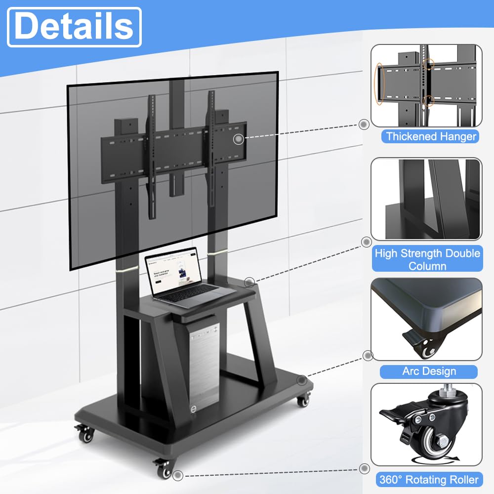 Heavy-Duty Mobile TV Cart with Wheels - Adjustable Height Floor Stand for 42-86 Inch LCD LED OLED Flat Screen TVs & Smart Boards - Holds up to 176lbs with Storage Shelf - Perfect for Classrooms, Offices & Home Entertainment Systems