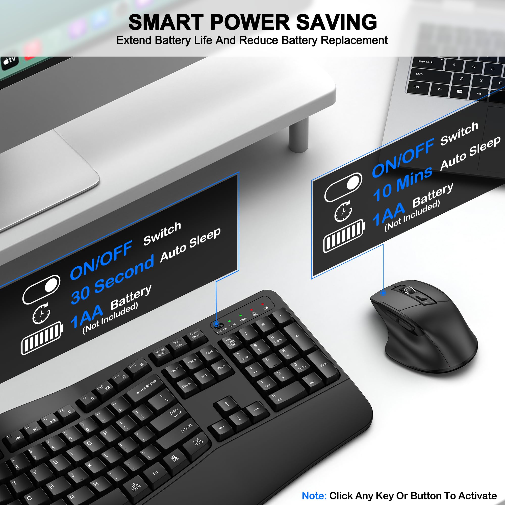 2.4G Wireless Keyboard and Mouse Combo - Ergonomic Full-Size Wave Keyboard with Wrist Rest & 3-Level DPI Adjustable Mouse for Windows/Mac - Perfect for Office, Home, Gaming on Desktop, Laptop, PC (Black)