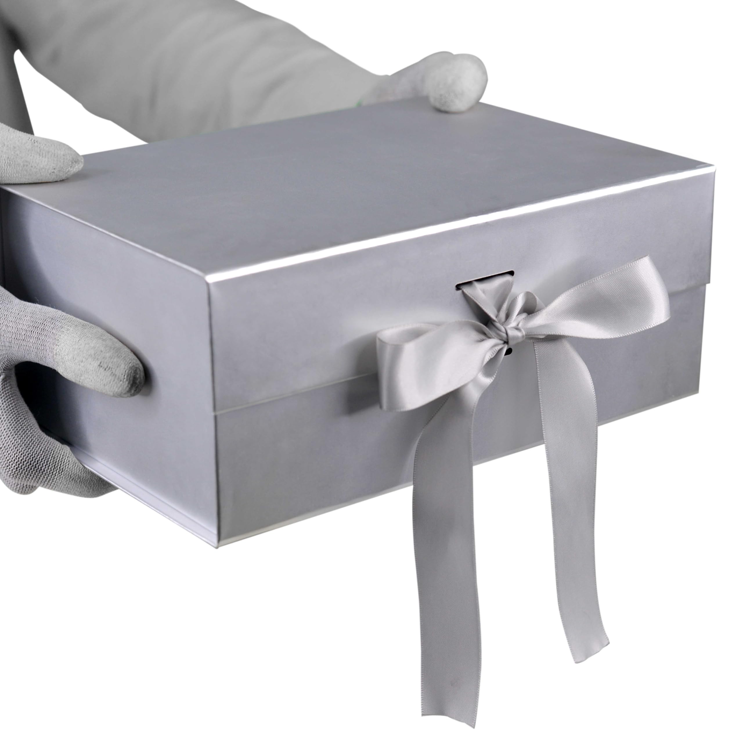 Premium Matte Silver Luxury Gift Box - 23x16x10cm Rigid Foldable Packaging Box with Matching Ribbon for Jewelry, Watches & Luxury Gifts | Holds up to 5kg | Elegant Wedding, Anniversary & Corporate Gift Packaging Solution