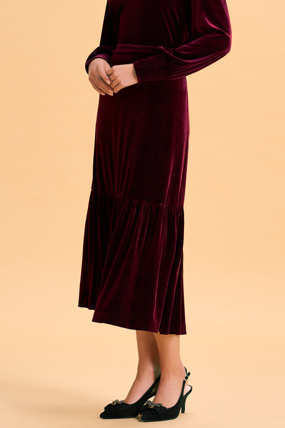 Velvet Midi Skirt for Women - Elegant Pinot Noir Color, Stretchy Comfort Fit, High Waist Flowy Skirt - Perfect for Parties, Date Nights & Holiday Outfits