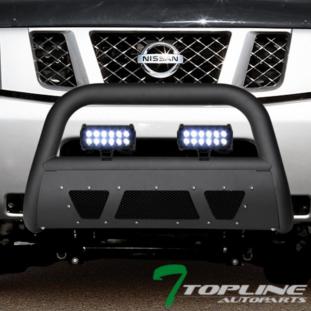 2004-2015 Nissan Titan & Armada Matte Black Bull Bar with Skid Plate - Heavy Duty Studded Mesh Grille Guard & 36W CREE LED Fog Lights - Off-Road Protection for Trucks & SUVs