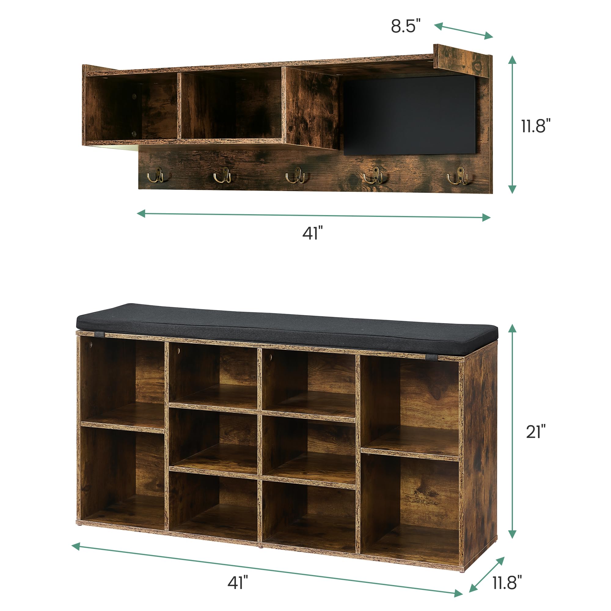 IDEALHOUSE 6-in-1 Industrial Hall Tree with Shoe Bench - Entryway Organizer with 5 Hooks, 12 Storage Cubbies, Bookshelf & Chalkboard - Perfect for Entryway, Hallway & Living Room (Brown, 41 inch) - Ideal for Small Space Organization & Home Decor