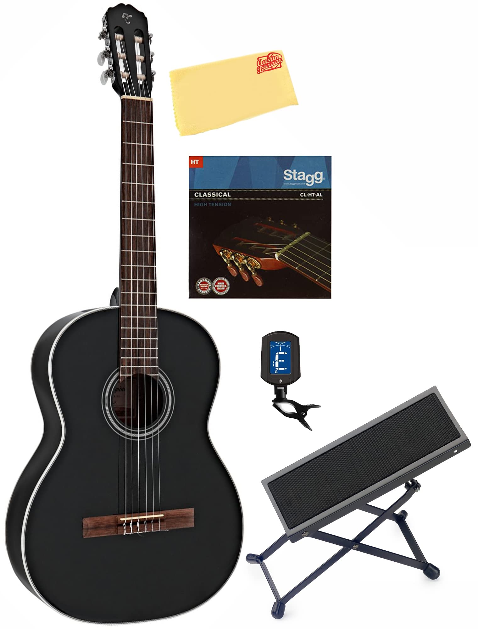Takamine GC2 Classical Guitar Bundle - Black with Foot Stool, Digital Tuner, Extra Strings & Polishing Cloth | Perfect for Beginners, Professionals & Home Performances