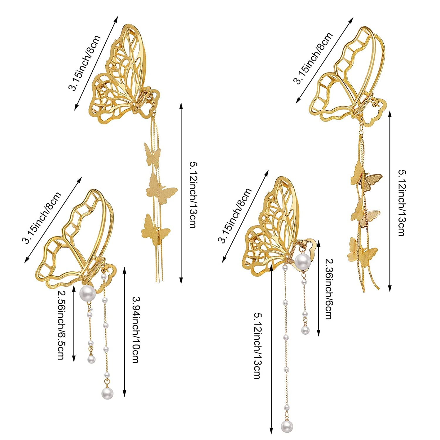 Pearl Tassel Hair Clips for Women - Gold Metal Butterfly Claw Clips (3Pcs) - Elegant Hair Accessories for Girls, Parties & Weddings