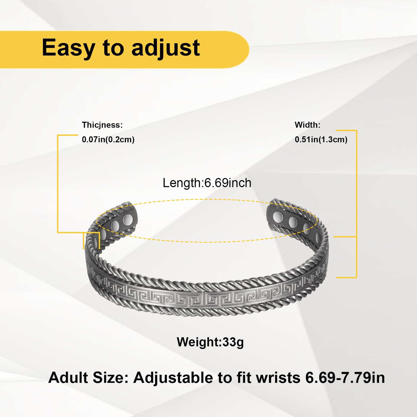6.69in Pure Copper Adjustable Magnetic Bracelet for Men & Women - Retro Fashion Silver Jewelry Gift for Arthritis Pain Relief & Wellness (2047s) - Perfect for Daily Wear, Yoga, Meditation & Gifting