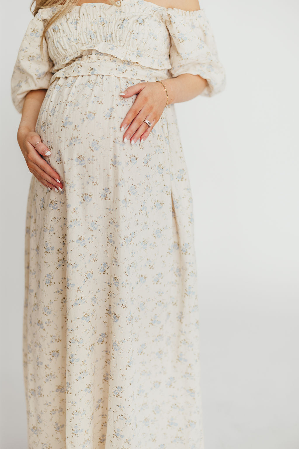 Finley 100% Cotton Peplum Midi Dress - Ivory & Blue - Bump & Nursing Friendly Maternity Dress for Pregnancy & Breastfeeding | Perfect for Casual Outings, Baby Showers & Nursing Dates