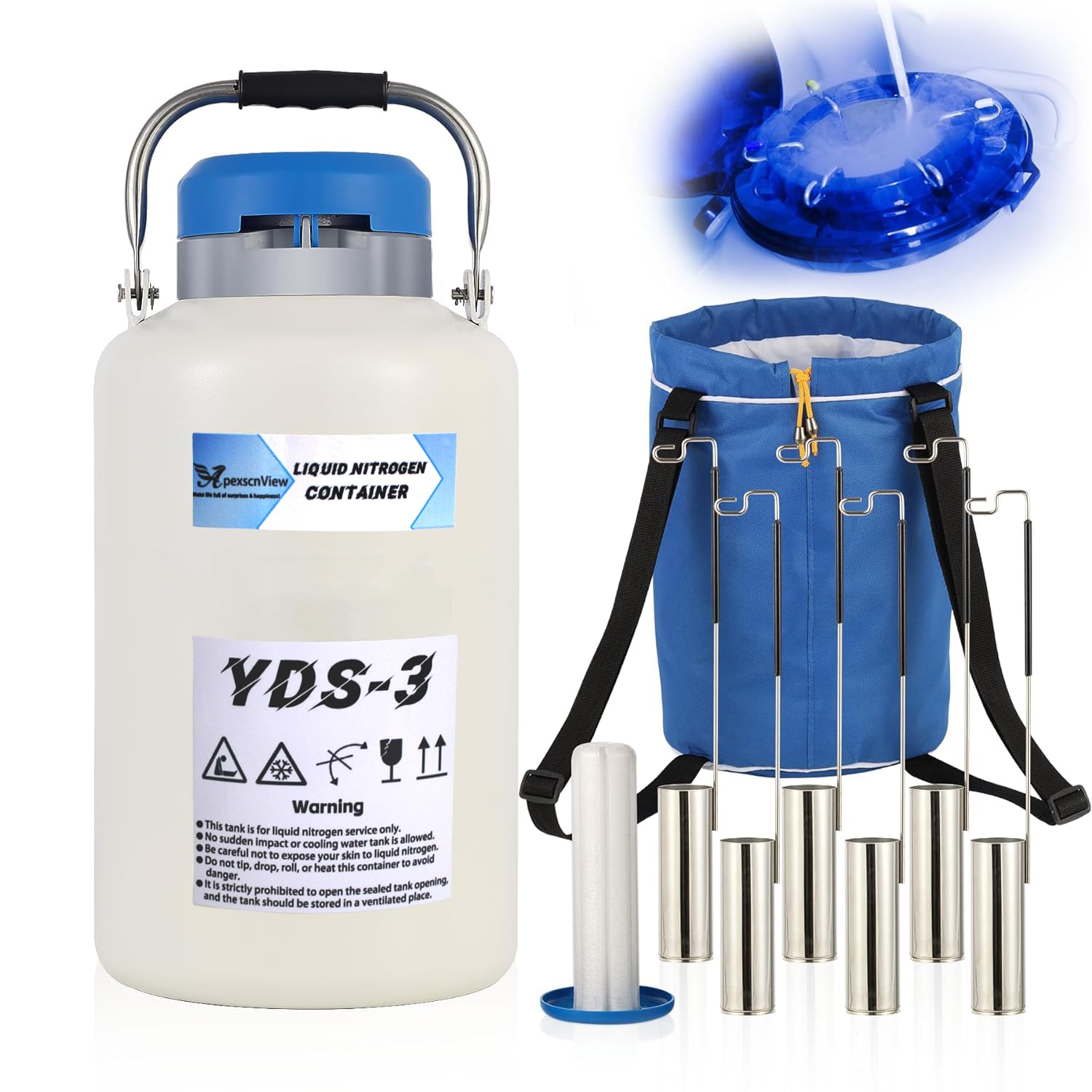 3L Aluminum Alloy Liquid Nitrogen Dewar Tank - Cryogenic Container for LN2 Storage, Semen Preservation & Lab Use with 6 Canisters & Carry Bag - Ideal for IVF, Veterinary, Medical & Scientific Applications