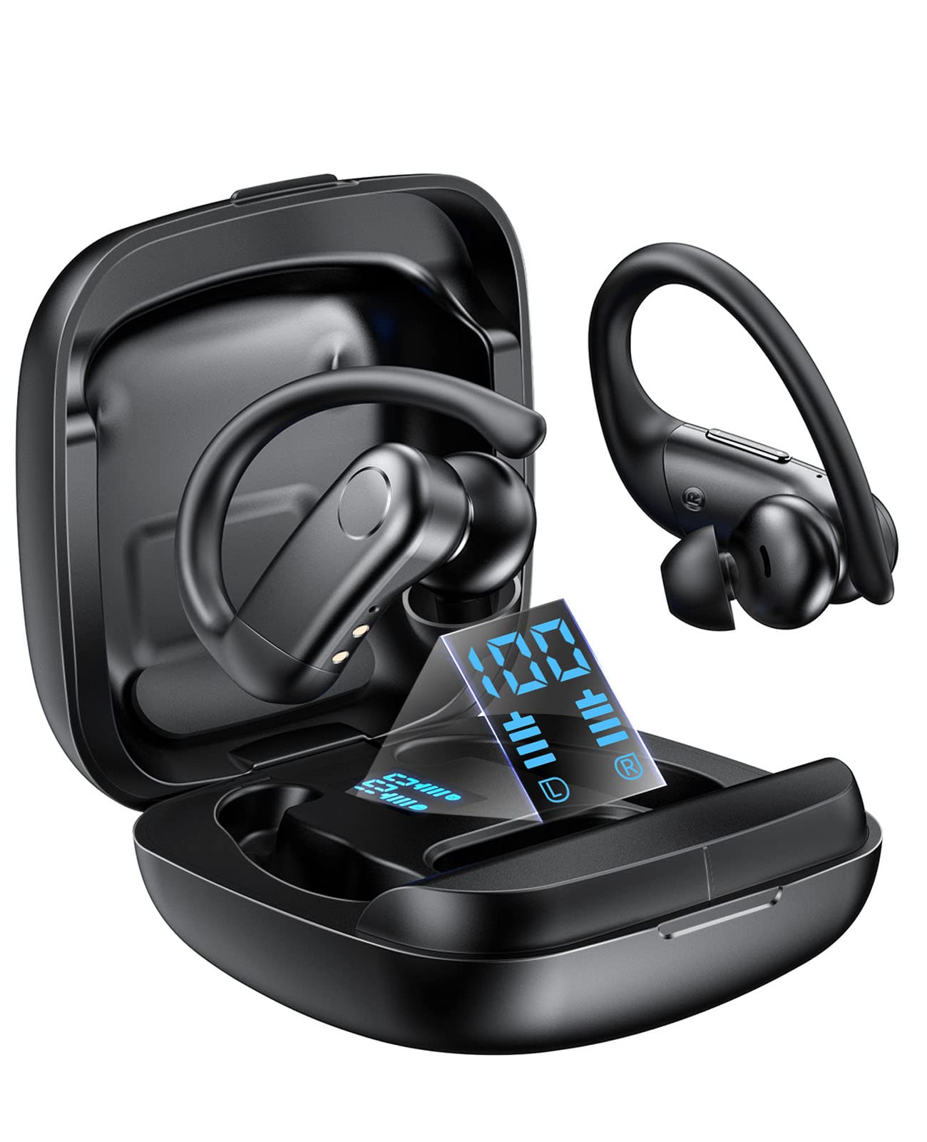 Wireless Bluetooth Earbuds with Ear Hooks - 100H Playtime, Charging Case, Digital Display & Noise Cancelling Mic | Perfect for Running, Gym Workouts & Commuting