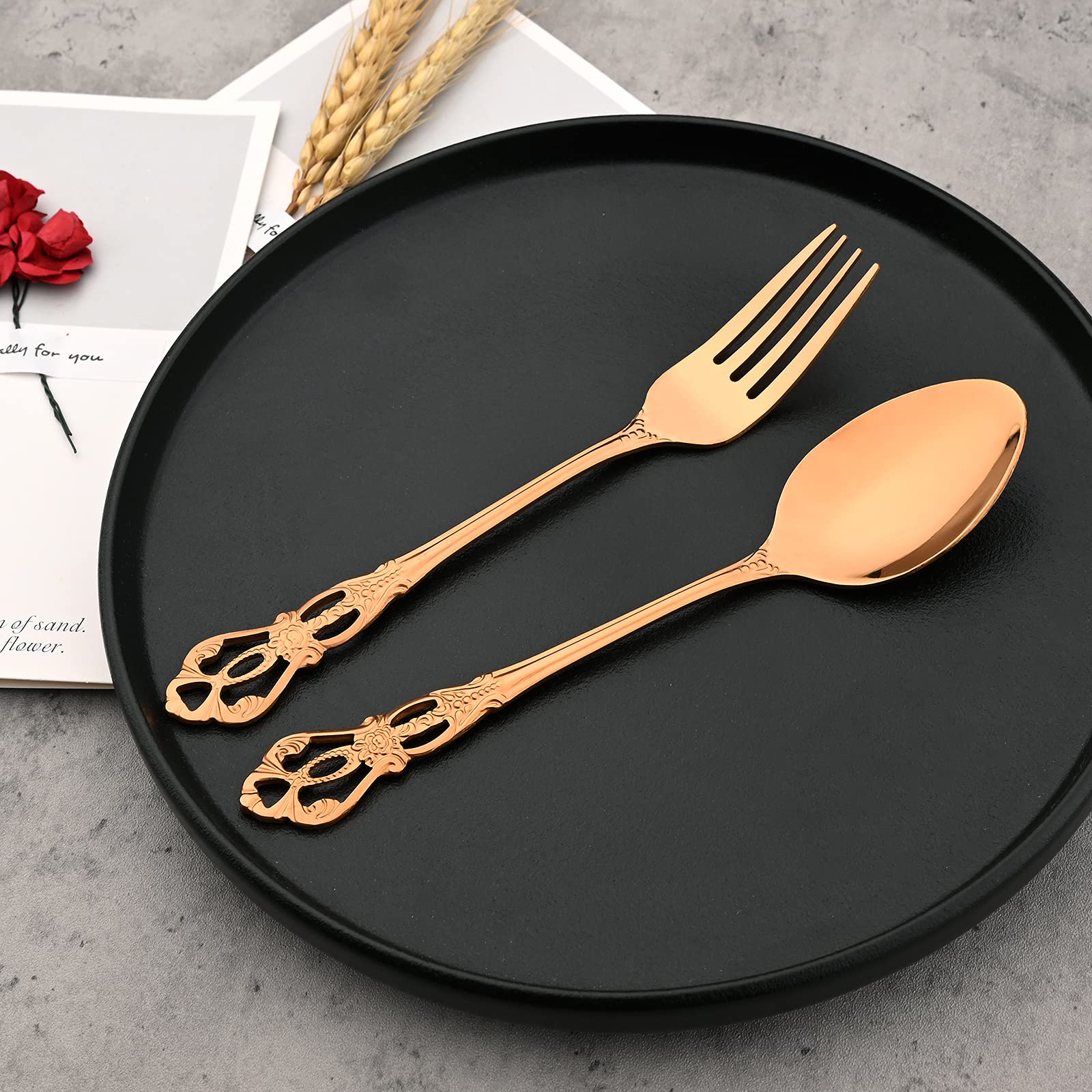 8-Piece Luxury Royal Silverware Set - 18/10 Stainless Steel Copper Flatware Service for 2, Elegant Tableware Cutlery Set with Forks, Spoons & Knives in Rose Gold & Mirror Polish (Dishwasher Safe) - Perfect for Weddings, Anniversaries & Fine Dining