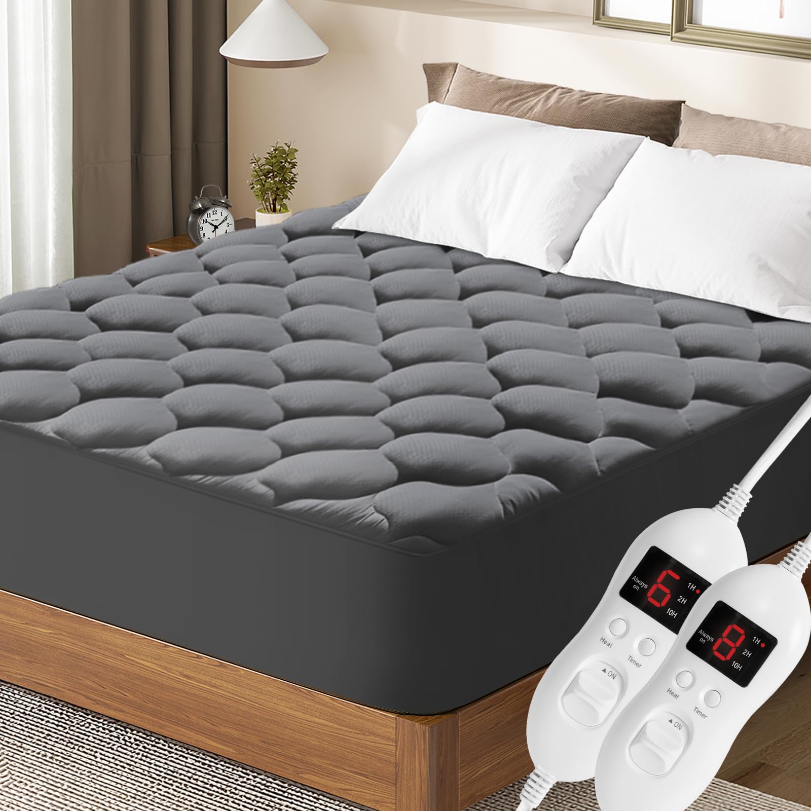 Ayge King Size Heated Mattress Pad with Dual Temperature Control - Auto Shut Off Electric Blanket - Machine Washable Electric Bed Warmer for Winter, Deep Pocket Fits 18