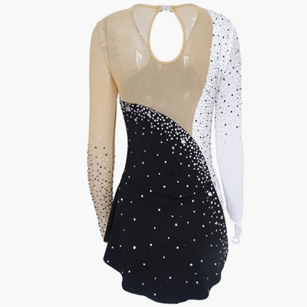 Elegant Black & White Figure Skating Dress for Adults & Kids - Long Sleeve Competition Costume with Sewing Patterns | Perfect for Ice Skating Performances & Winter Sports Events