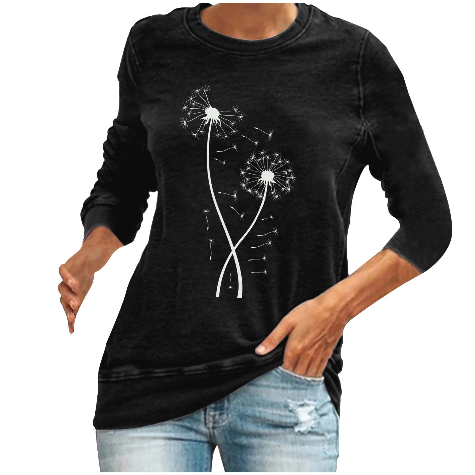 Maqroz Women's Long Sleeve Casual Dandelion Print T-Shirt - Plus Size Crewneck Pullover Sweatshirt with Patchwork Design | Perfect for Fall Layering, Office Wear & Weekend Outfits