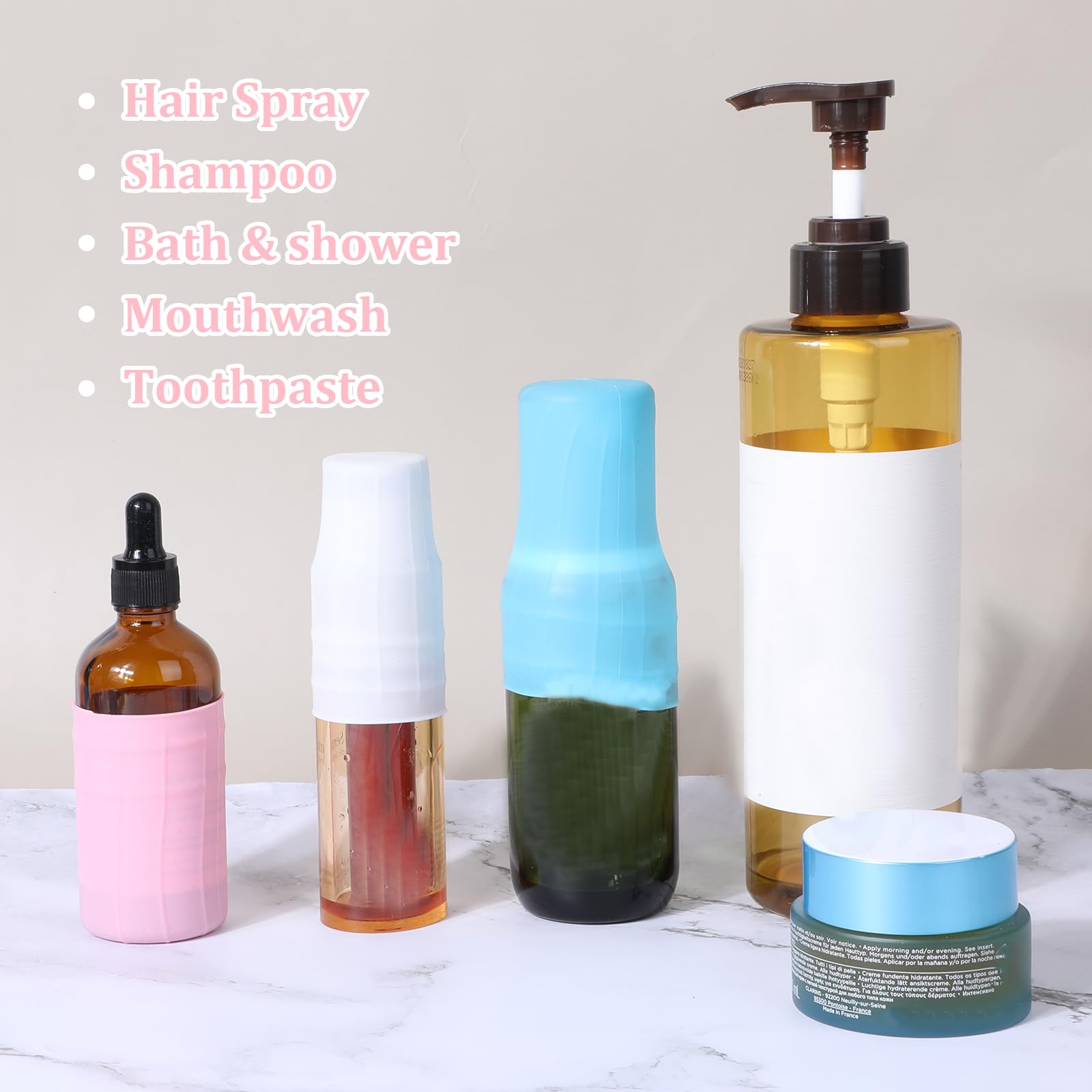 16 Pack Silicone Travel Bottle Covers - Leak Proof Toiletry Sleeves for Shampoo, Conditioner & Body Wash - Cruise Essentials & TSA Approved Travel Accessories (Perfect for Vacations, Camping & Gym Bags)