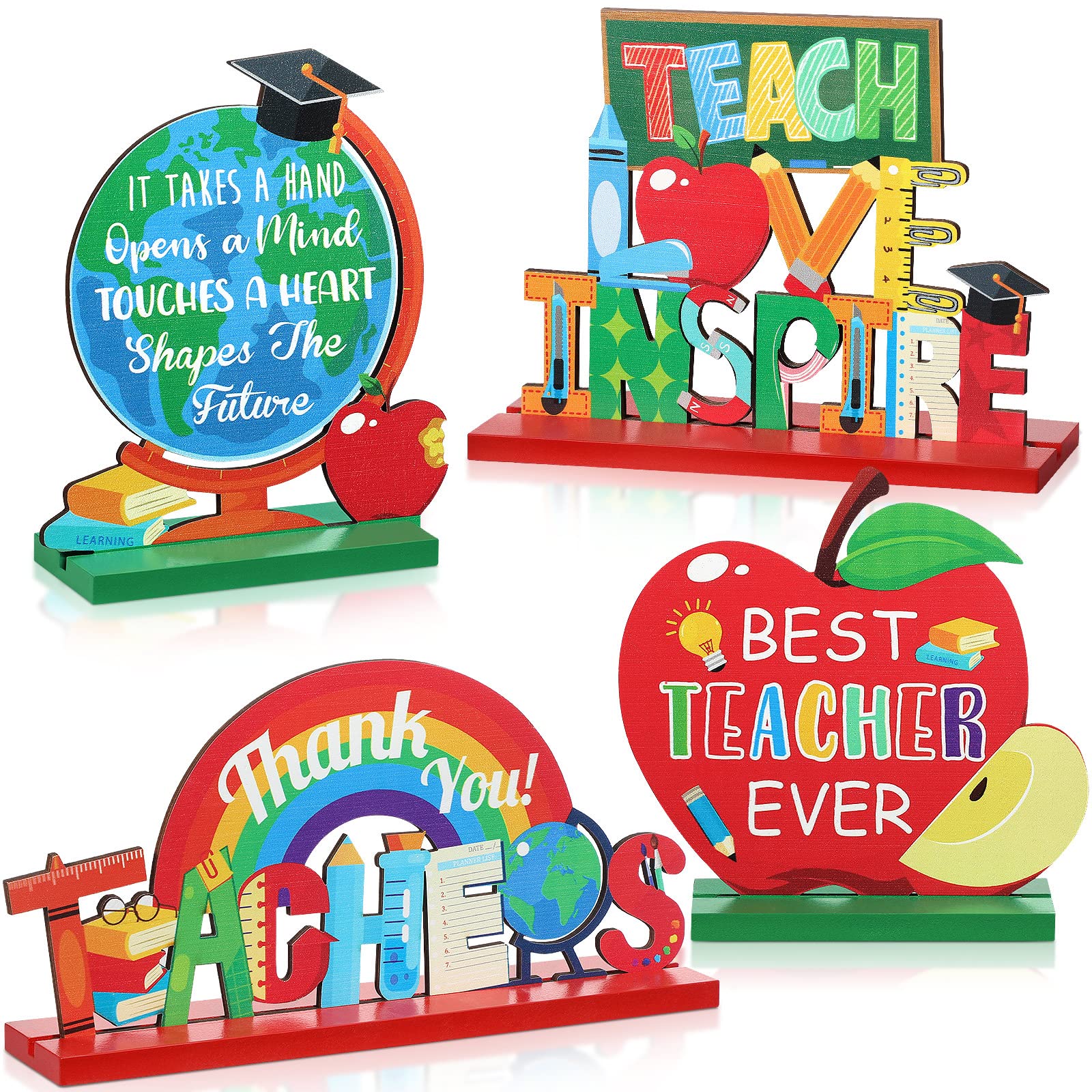 4Pcs Wooden Teacher Appreciation Gifts - Best Teacher Ever Decor for Classroom & Home