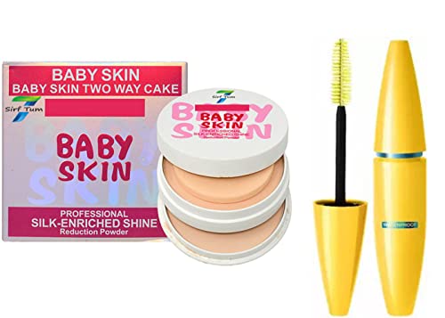 Waterproof Professional Mascara (Black) & Baby Skin Silk-Enriched Shine Reduction Two-Way Cake Powder - Long-Lasting Makeup for Day & Night Wear