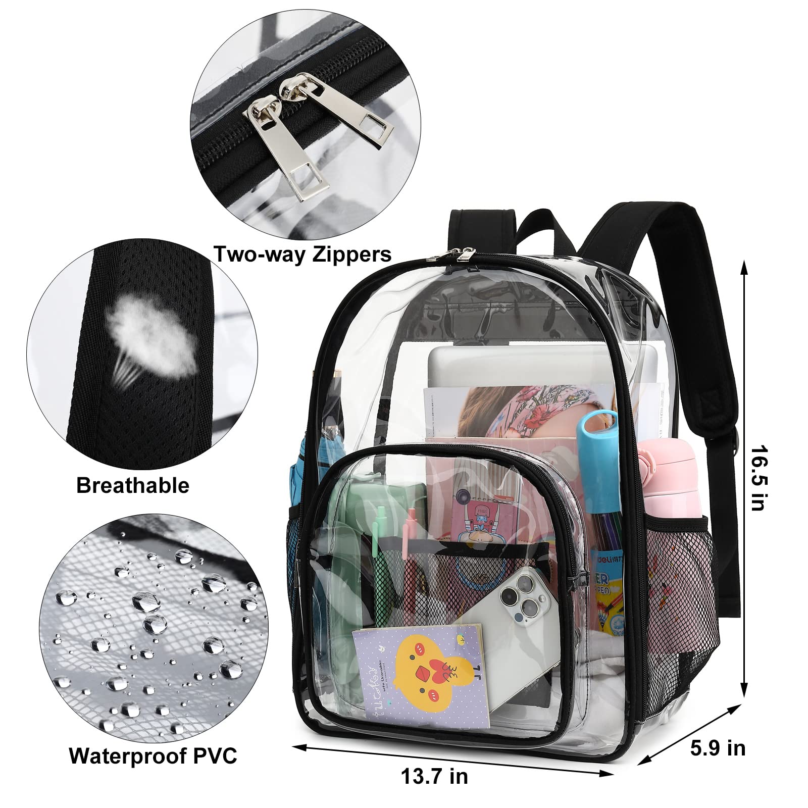 Heavy Duty Clear PVC Transparent Backpack for Men & Women - Durable See-Through School Bookbag for Teen Boys & Girls (Black) - Perfect for School, Travel, Work & Security Checkpoints